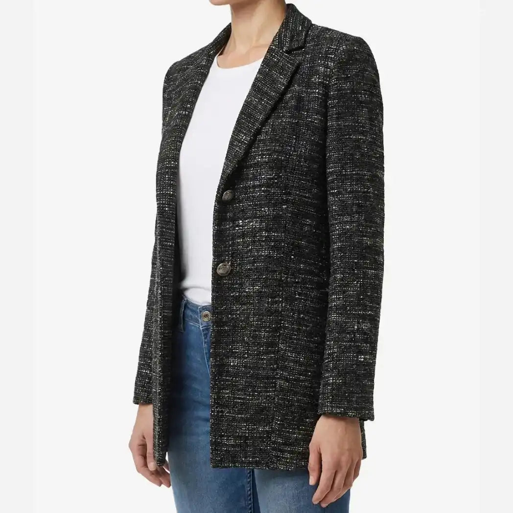 Sowachi Women's Black Tweed Two Button Wool Blazer Jacket