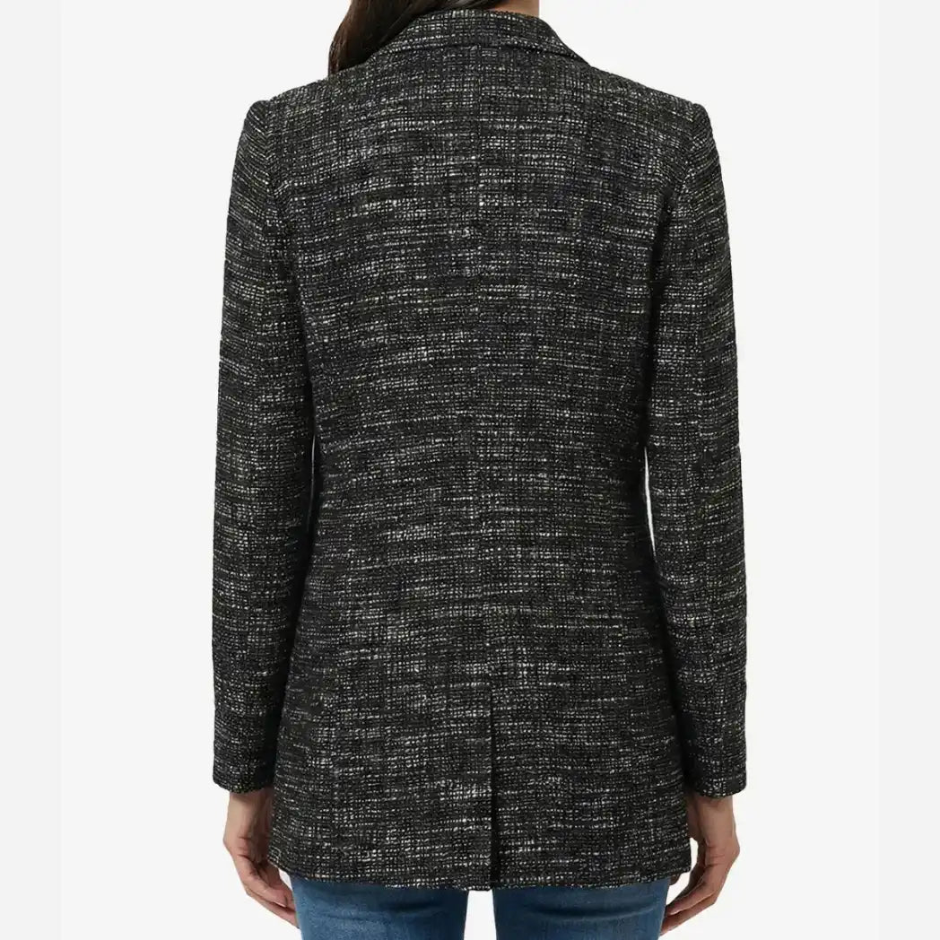 Sowachi Women's Black Tweed Two Button Wool Blazer Jacket