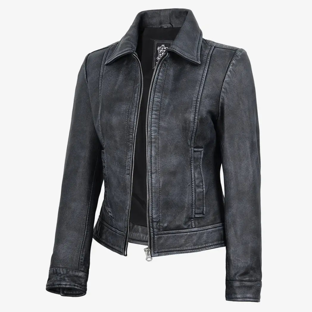 Sowachi Women’s Black Washed Harrington Leather Jacket