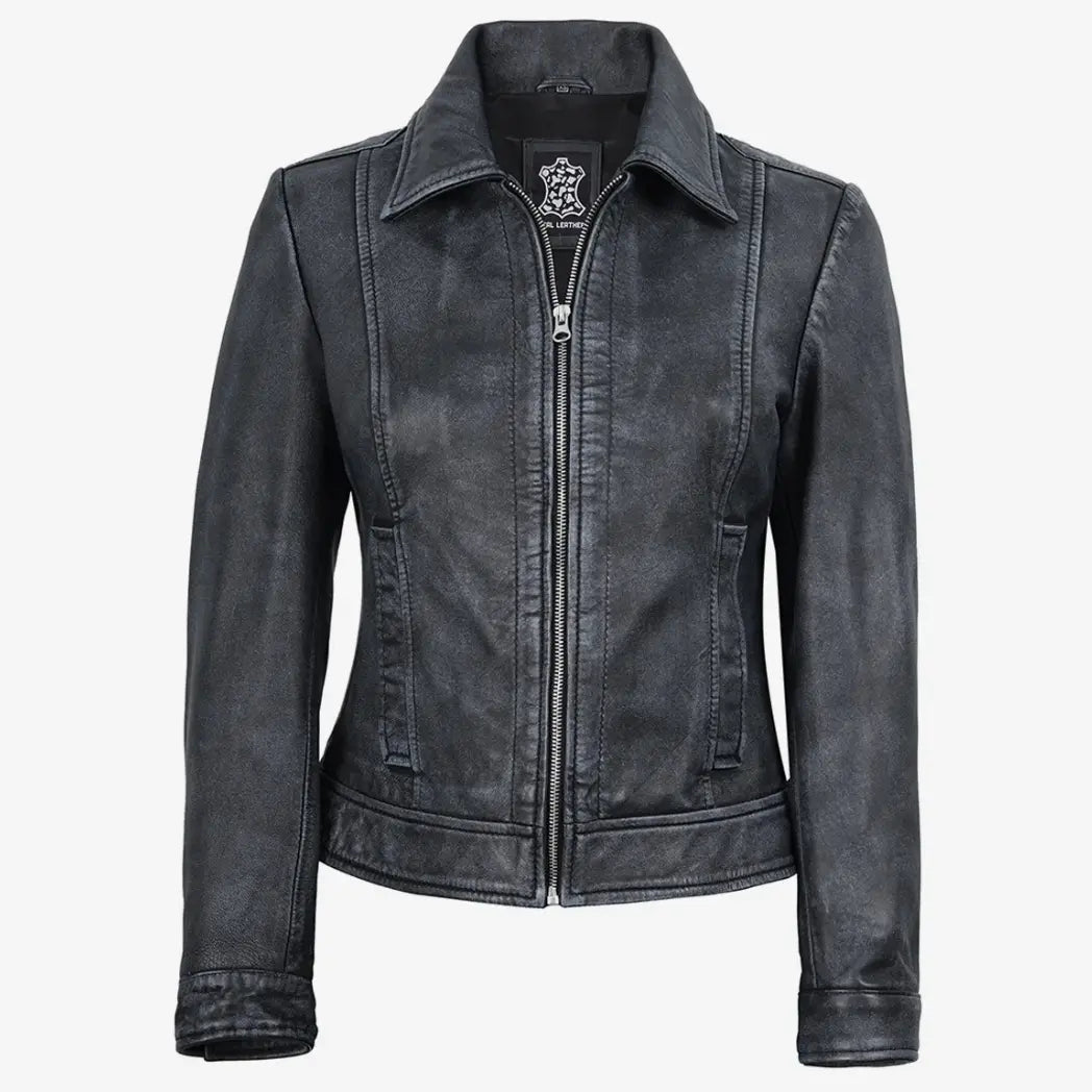 Sowachi Women’s Black Washed Harrington Leather Jacket