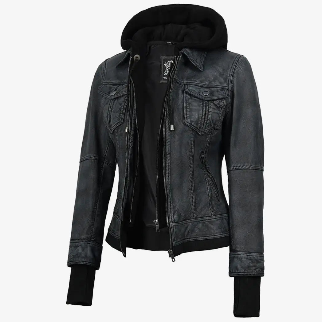Sowachi Women's Black Washed Leather Jacket with Removable Hood
