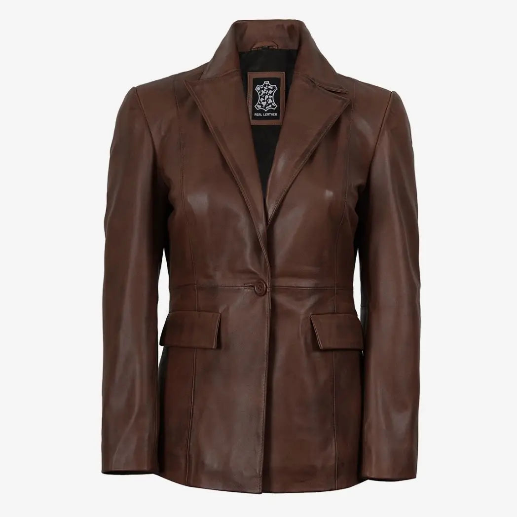 Sowachi Women’s Brown Cognac Waxed Lambskin Leather Blazer
