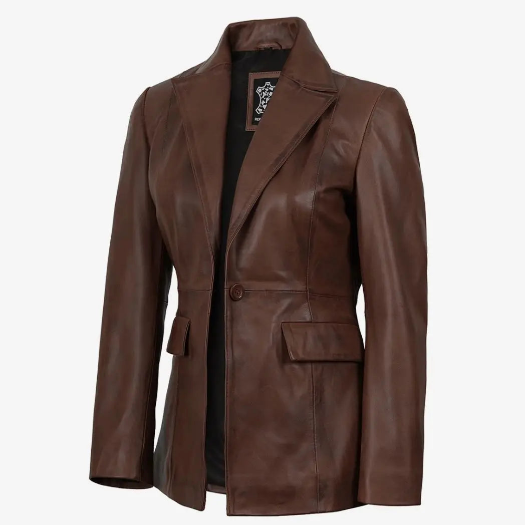 Sowachi Women’s Brown Cognac Waxed Lambskin Leather Blazer