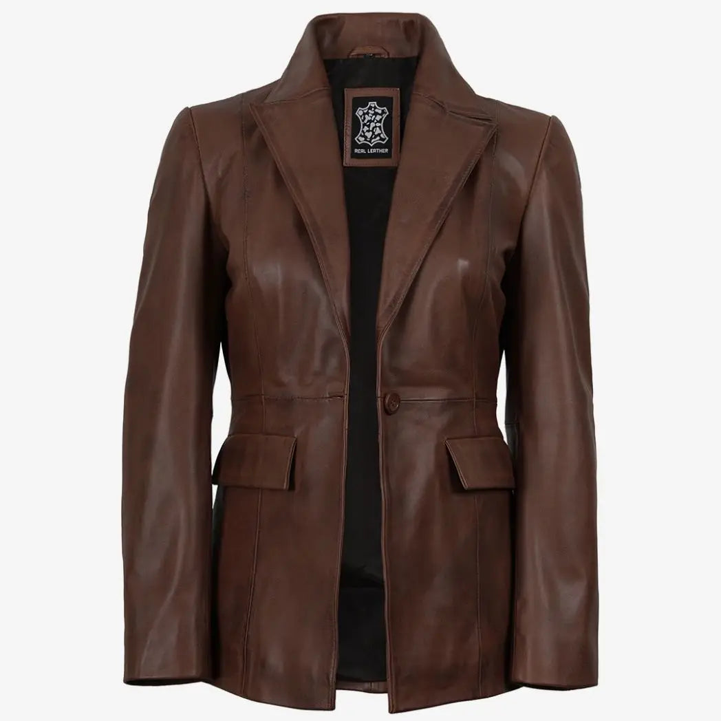 Sowachi Women’s Brown Cognac Waxed Lambskin Leather Blazer