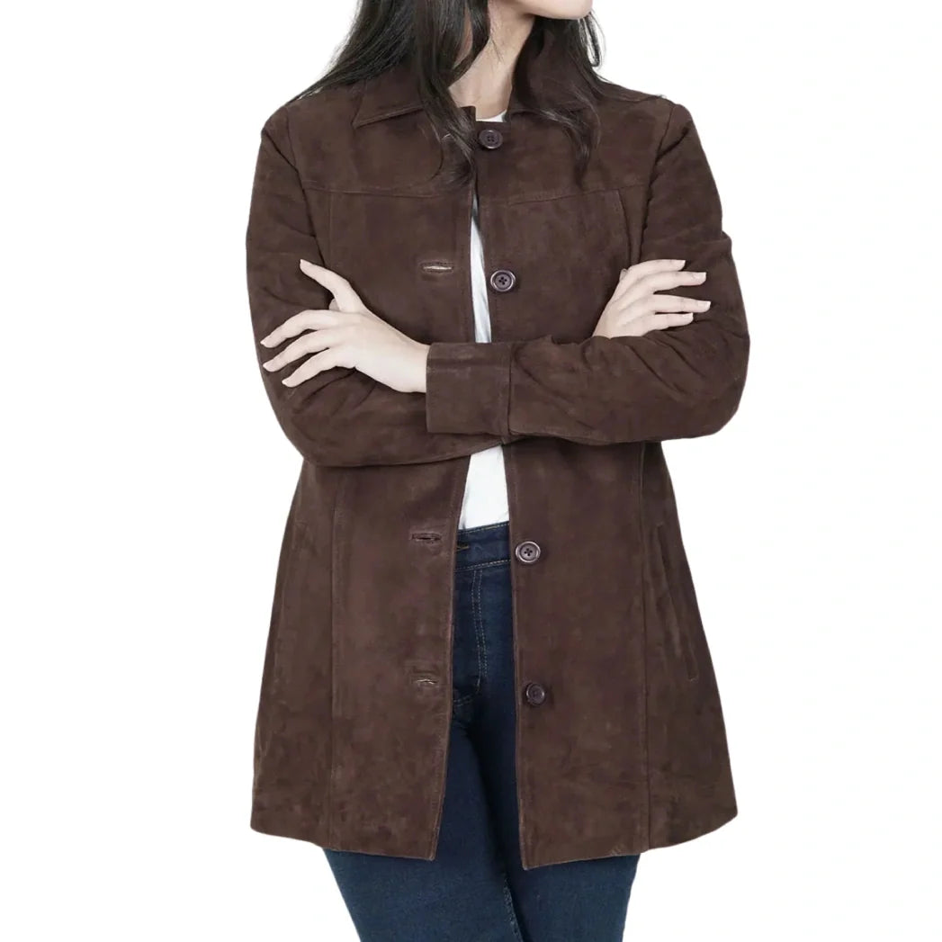 Sowachi Women's Brown Suede Button Down Coat