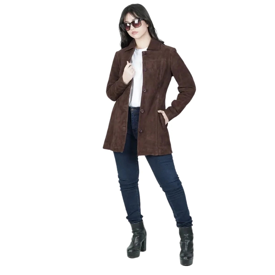 Sowachi Women's Brown Suede Button Down Coat