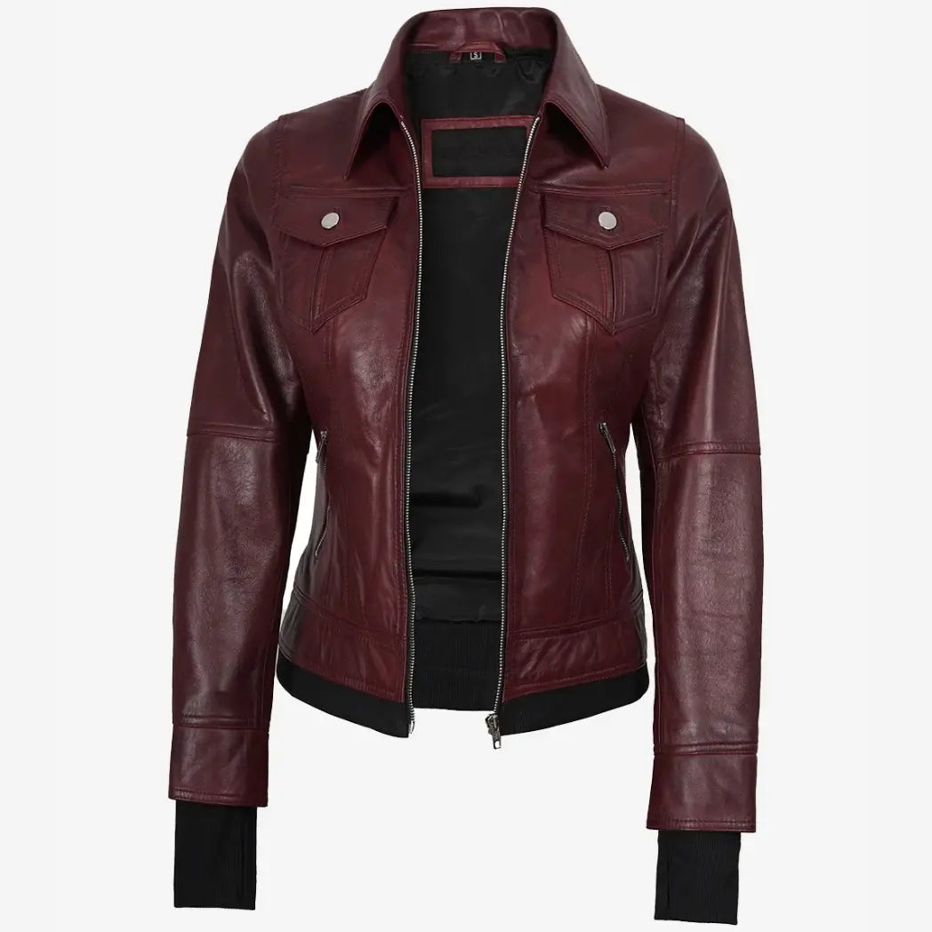 Sowachi Women's Burgundy Bomber Leather Jacket With Removable Hood