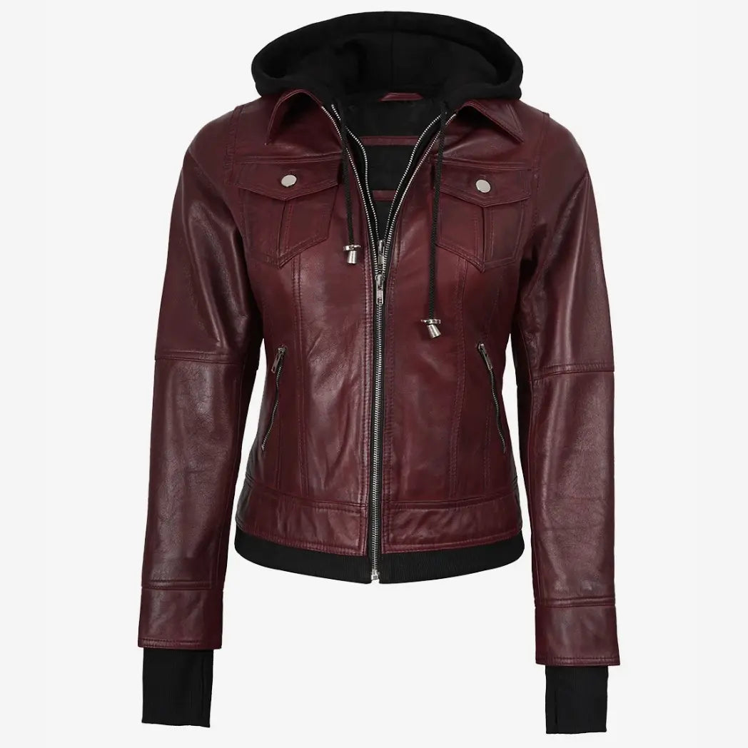 Sowachi Women's Burgundy Bomber Leather Jacket With Removable Hood