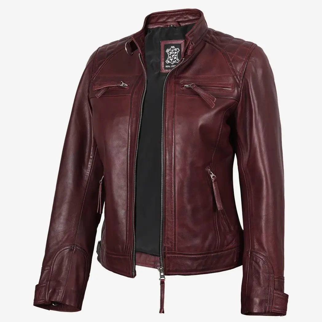 Sowachi Women's Burgundy Real Lambskin Leather Biker Style Jacket