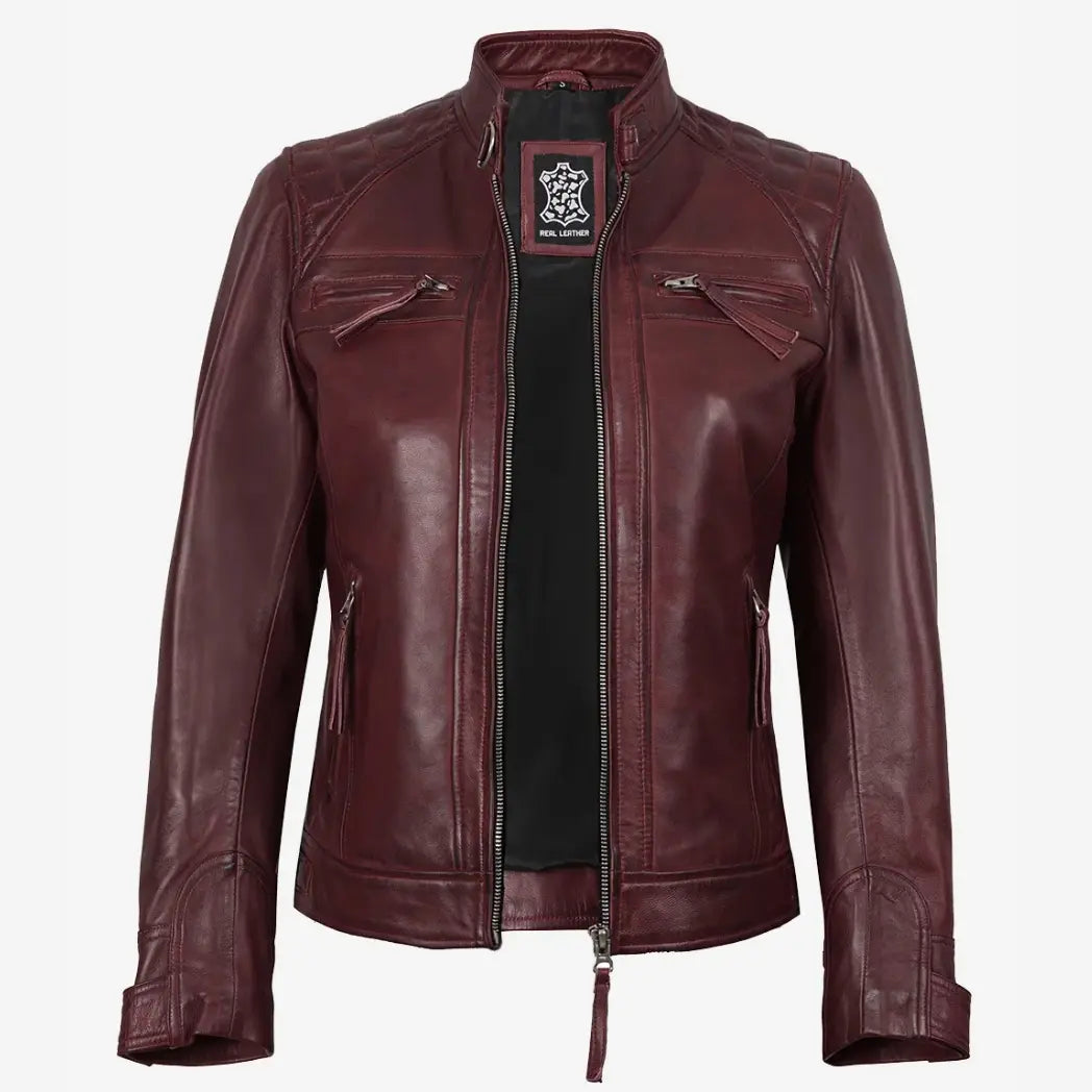 Sowachi Women's Burgundy Real Lambskin Leather Biker Style Jacket