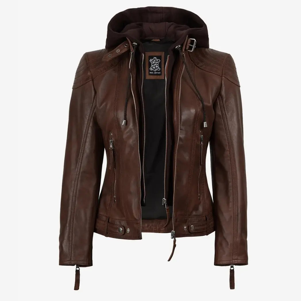 Sowachi Women’s Cognac Brown Lambskin Hooded Leather Jacket