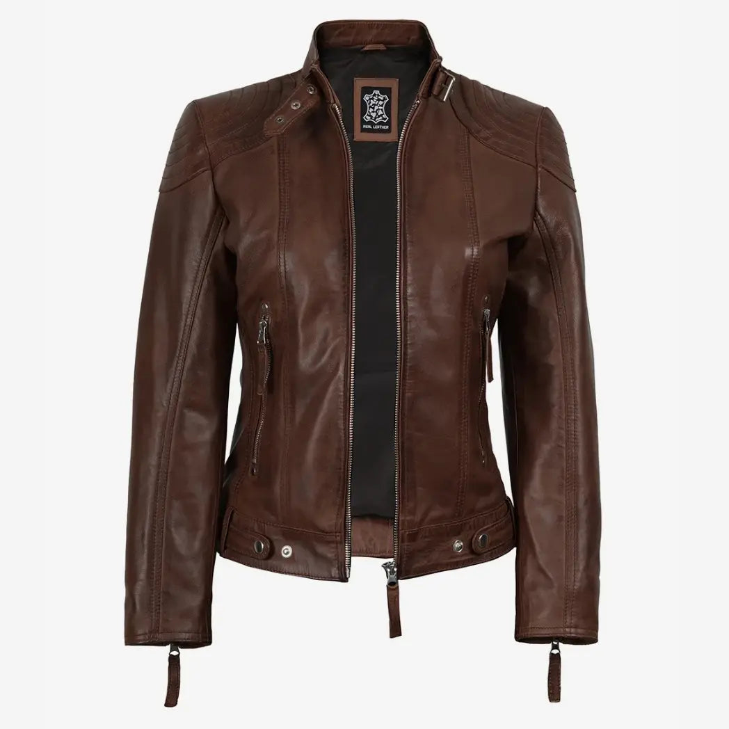 Sowachi Women’s Cognac Brown Lambskin Hooded Leather Jacket