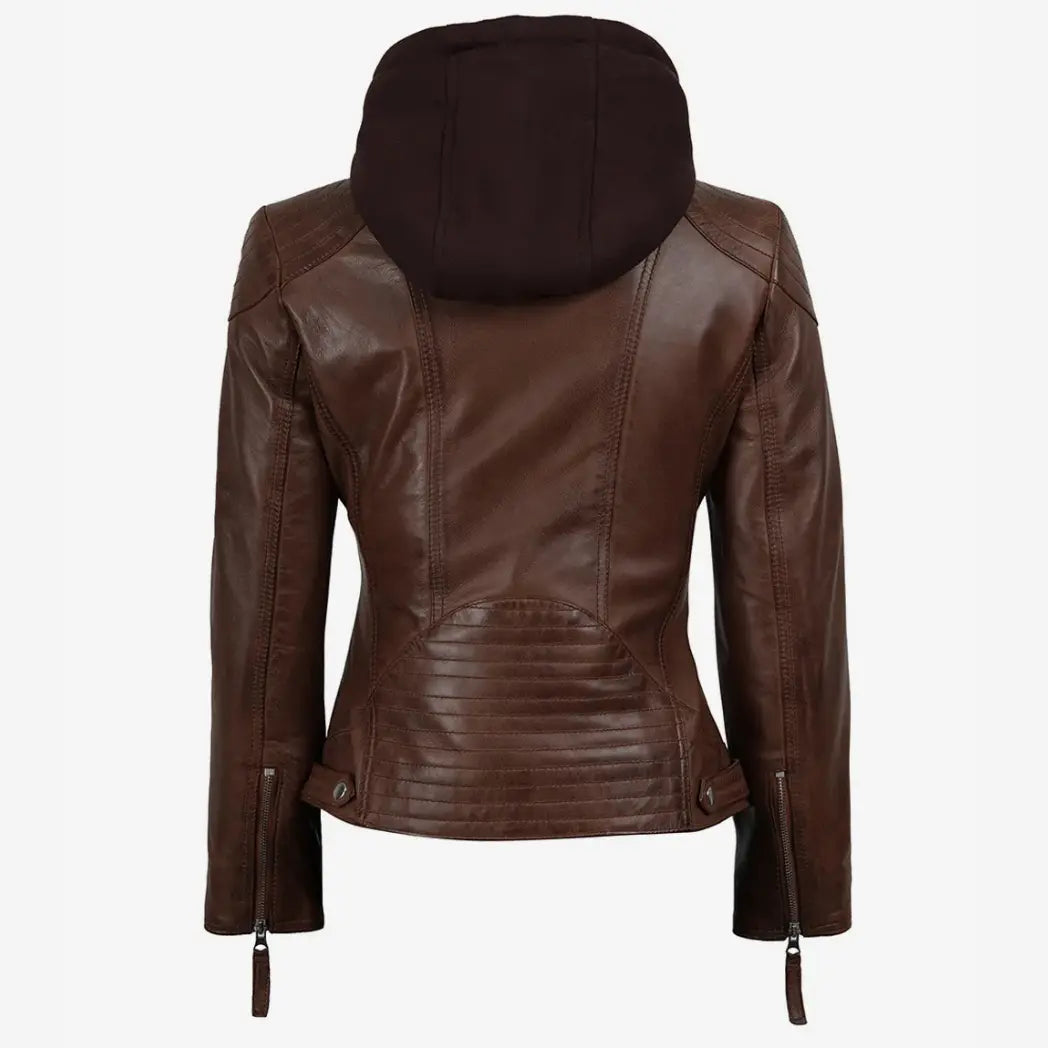 Sowachi Women’s Cognac Brown Lambskin Hooded Leather Jacket