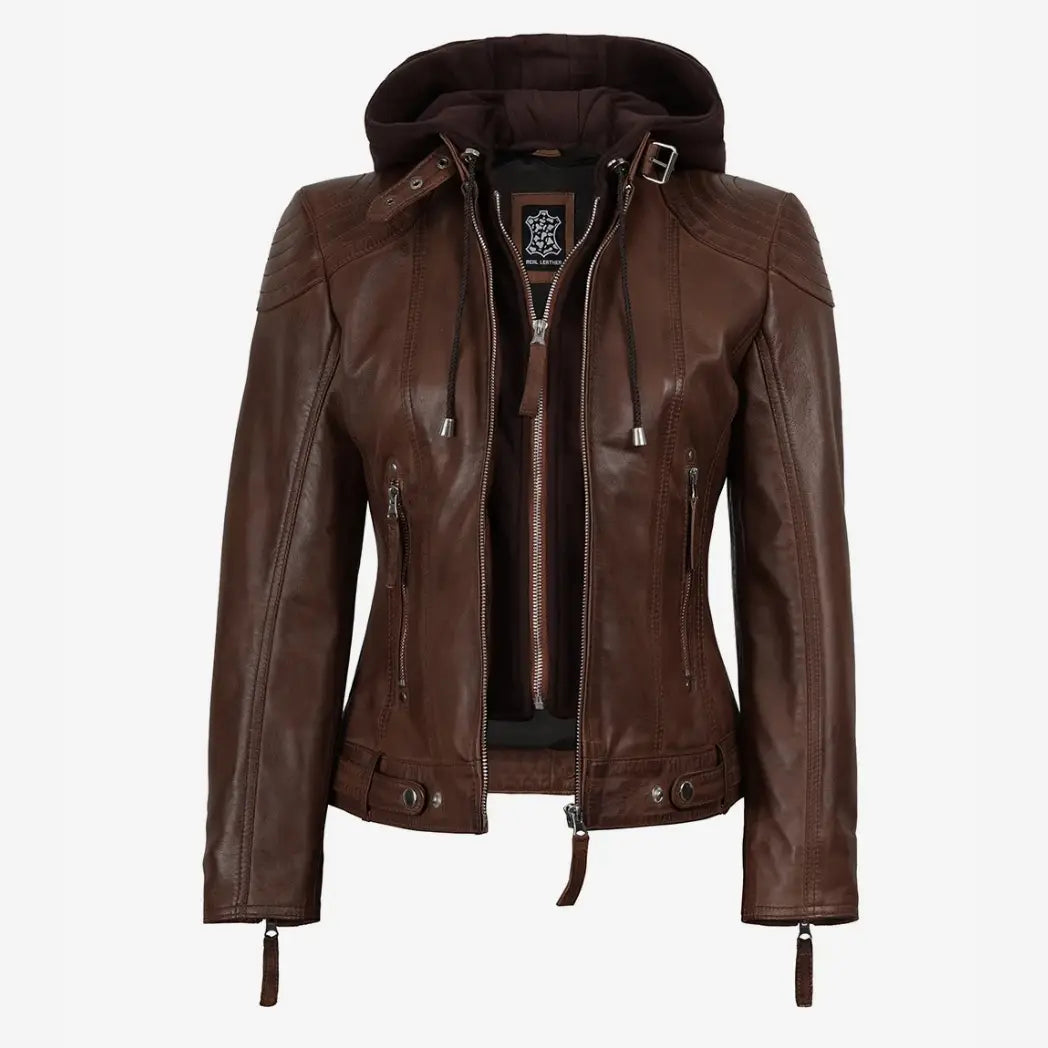 Sowachi Women’s Cognac Brown Lambskin Hooded Leather Jacket