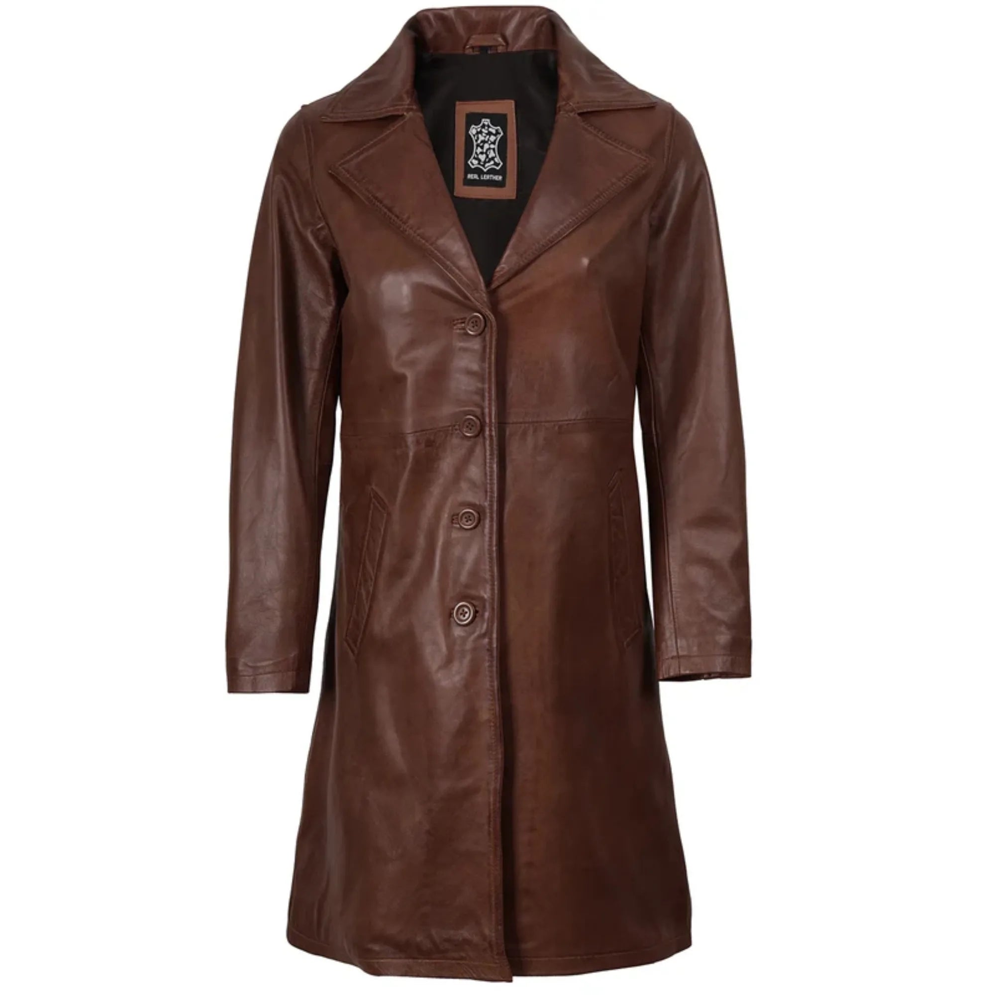 Sowachi Cavellia - Women's Cognac Brown 3/4 Length Leather Coat