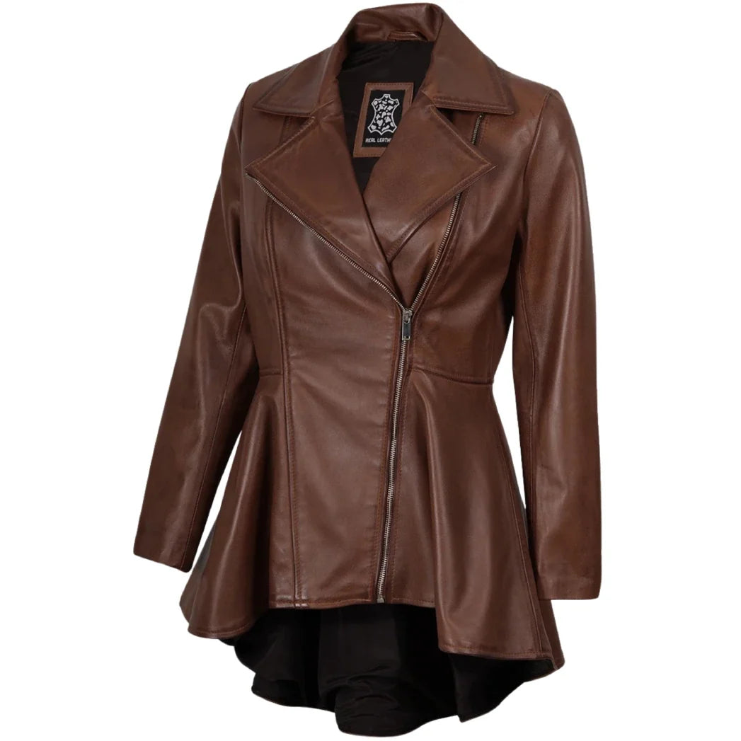 Sowachi Women's Cognac Peplum Leather Jacket with Asymmetrical Zip Closure