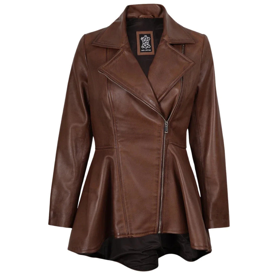 Sowachi Women's Cognac Peplum Leather Jacket with Asymmetrical Zip Closure