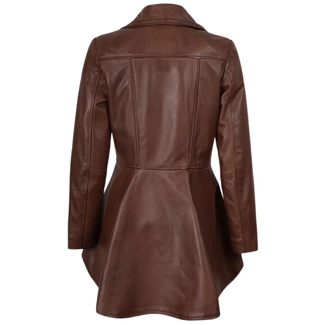 Sowachi Women's Cognac Peplum Leather Jacket with Asymmetrical Zip Closure
