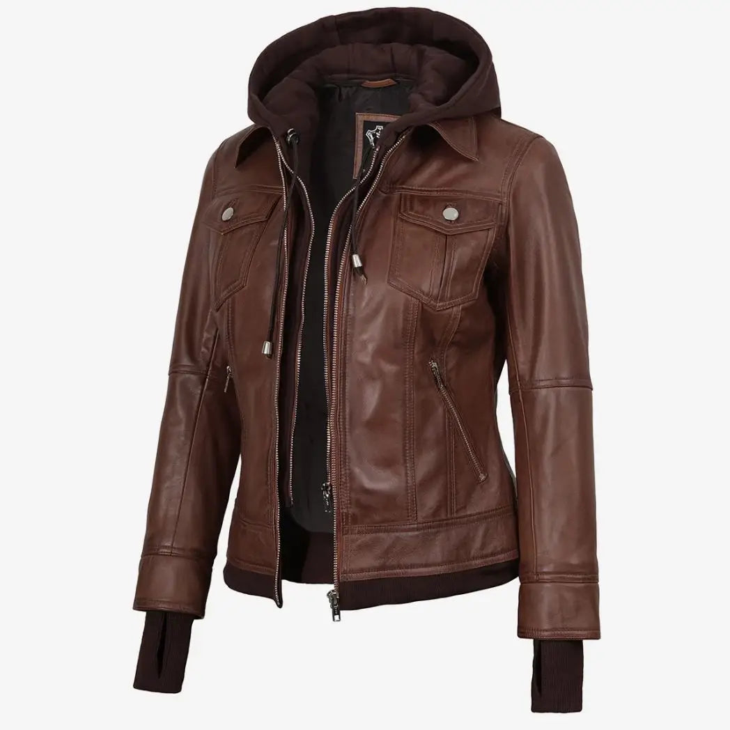 Women's Cognac Leather Bomber Jacket With Removable Hood