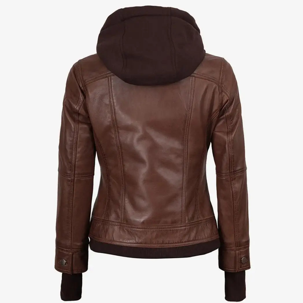 Women's Cognac Leather Bomber Jacket With Removable Hood