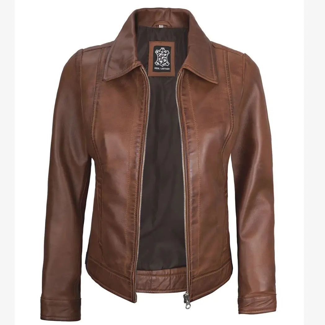Women's  Cognac Real Lambskin Leather Jacket