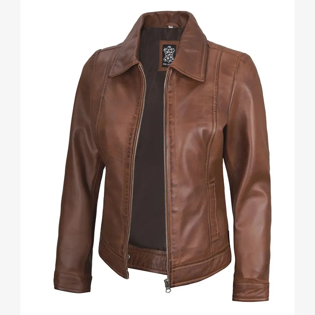 Women's  Cognac Real Lambskin Leather Jacket