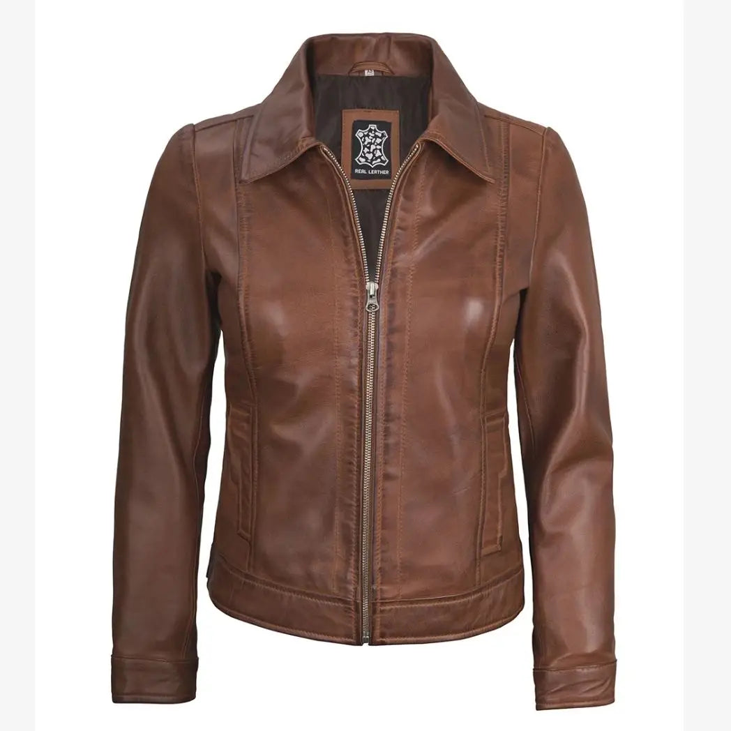 Women's  Cognac Real Lambskin Leather Jacket