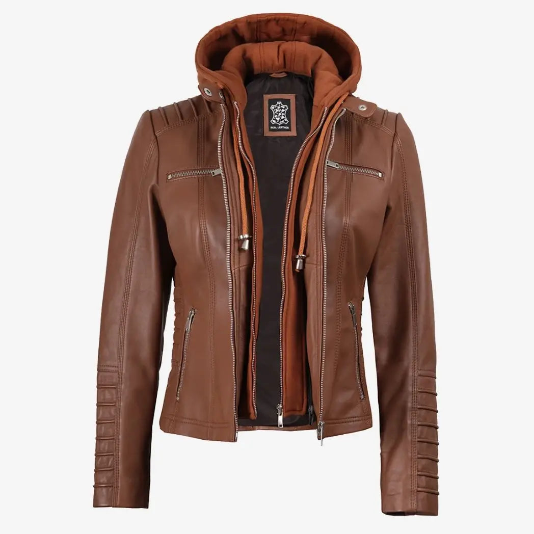 Sowachi Women's Cognac Real Lambskin Leather Jacket with Removable Hood