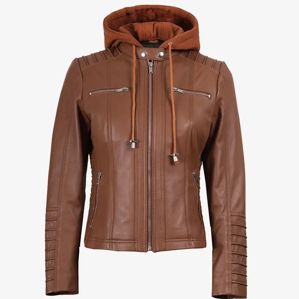 Sowachi Women's Cognac Real Lambskin Leather Jacket with Removable Hood