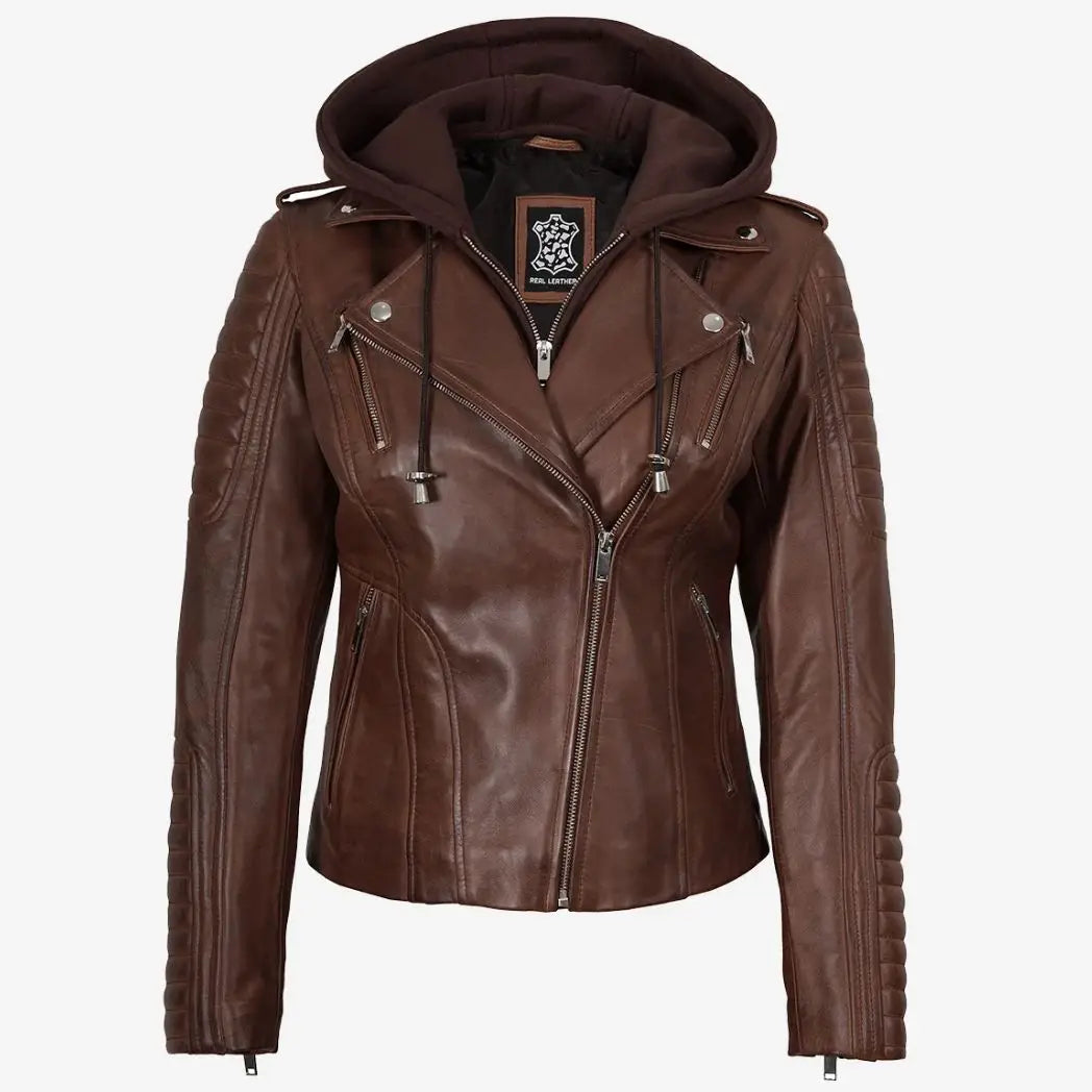 Women's Cognac Real Lambskin Leather Jacket with Removable Hood