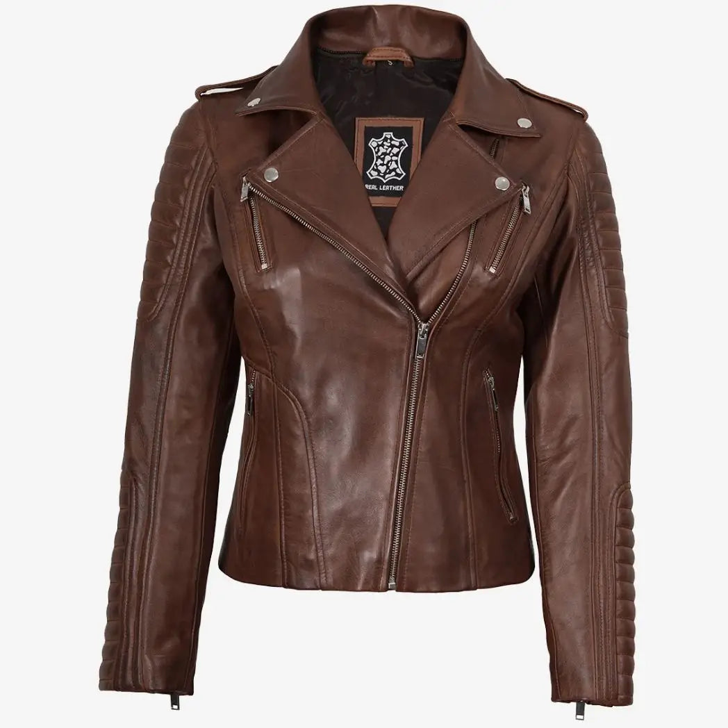 Women's Cognac Real Lambskin Leather Jacket with Removable Hood