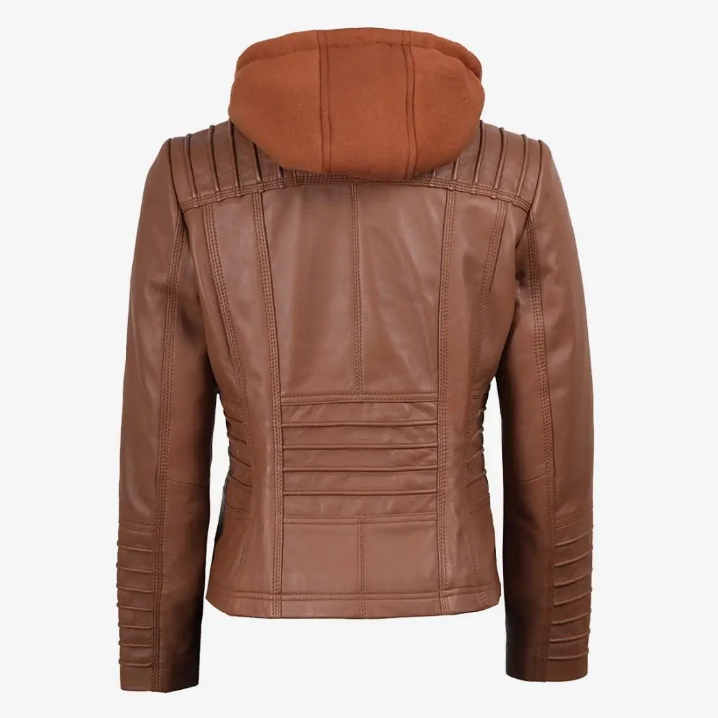 Sowachi Women's Cognac Real Lambskin Leather Jacket with Removable Hood