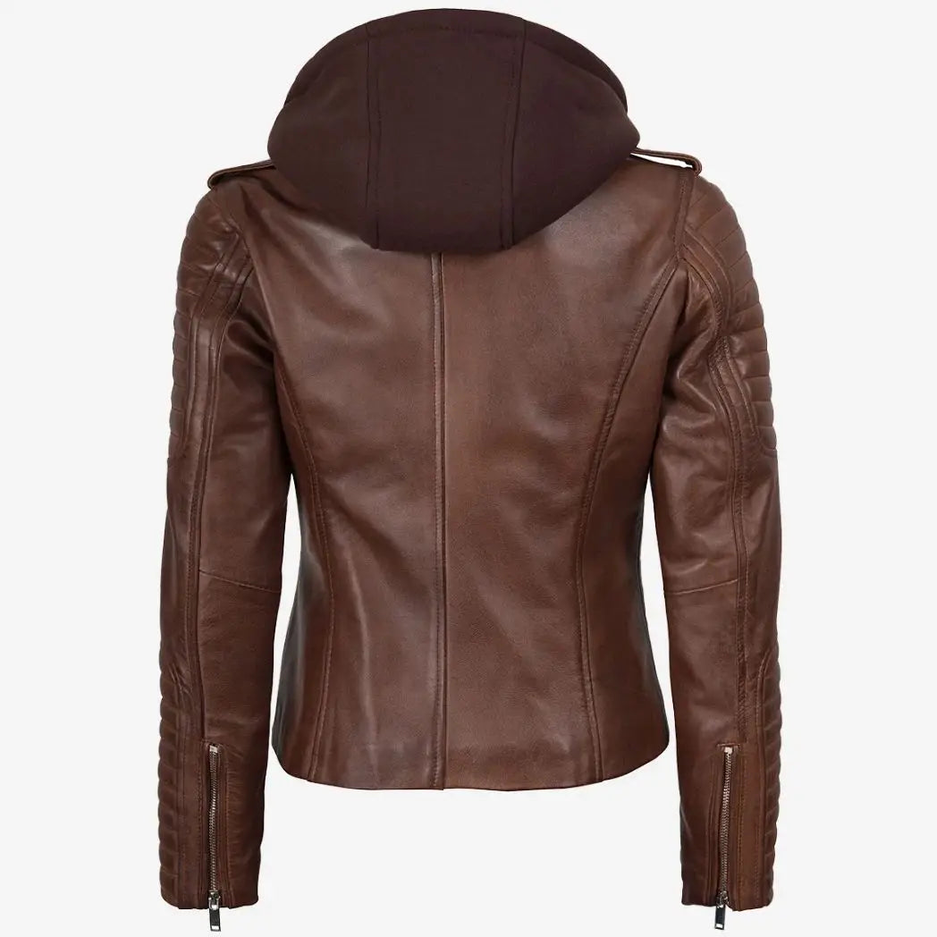 Women's Cognac Real Lambskin Leather Jacket with Removable Hood