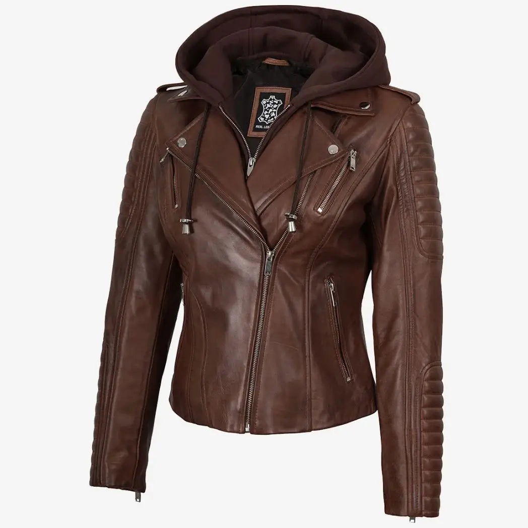 Women's Cognac Real Lambskin Leather Jacket with Removable Hood