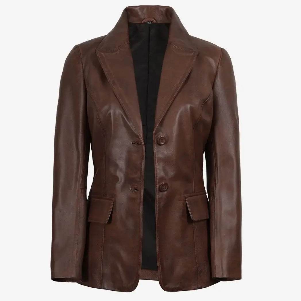 Sowachi Women's Cognac Waxed Real Lambskin Leather Blazer