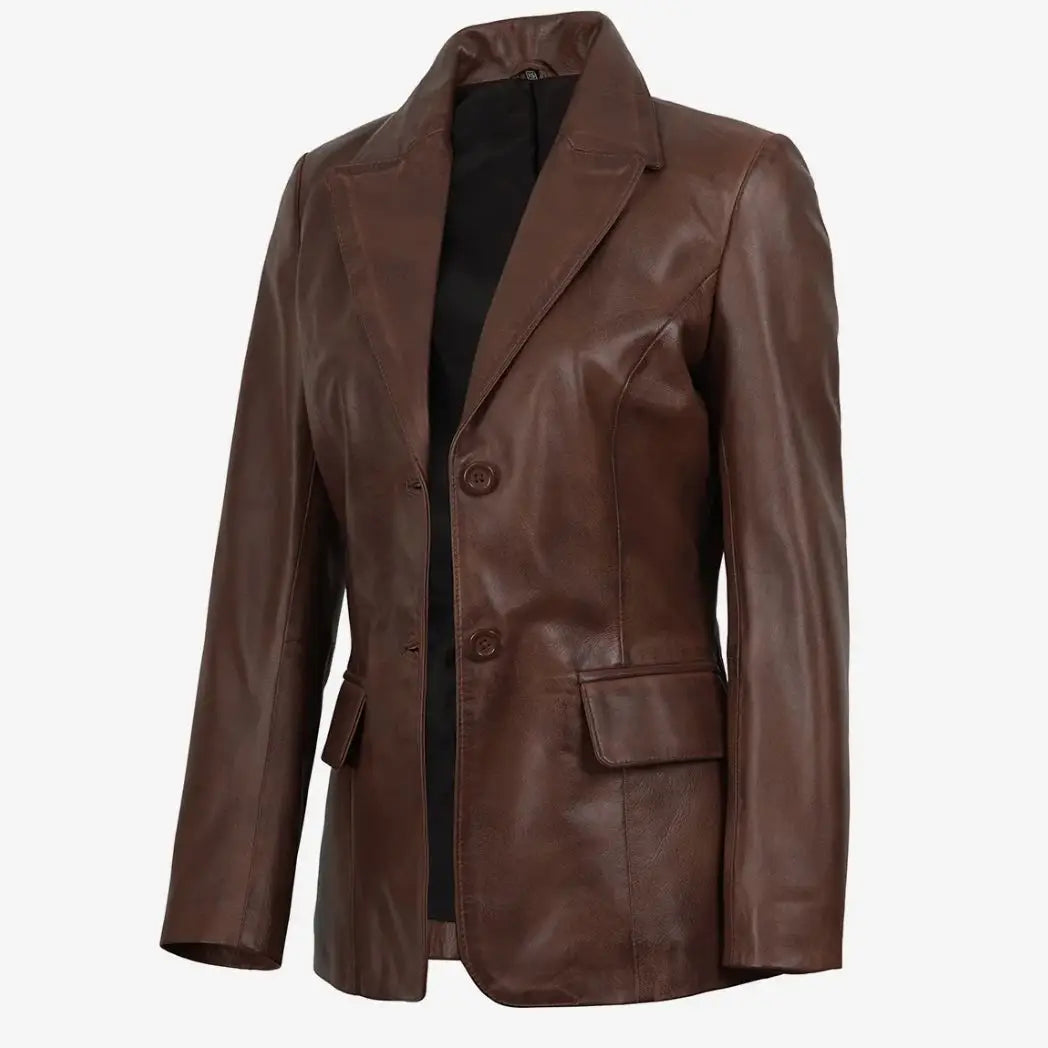 Sowachi Women's Cognac Waxed Real Lambskin Leather Blazer