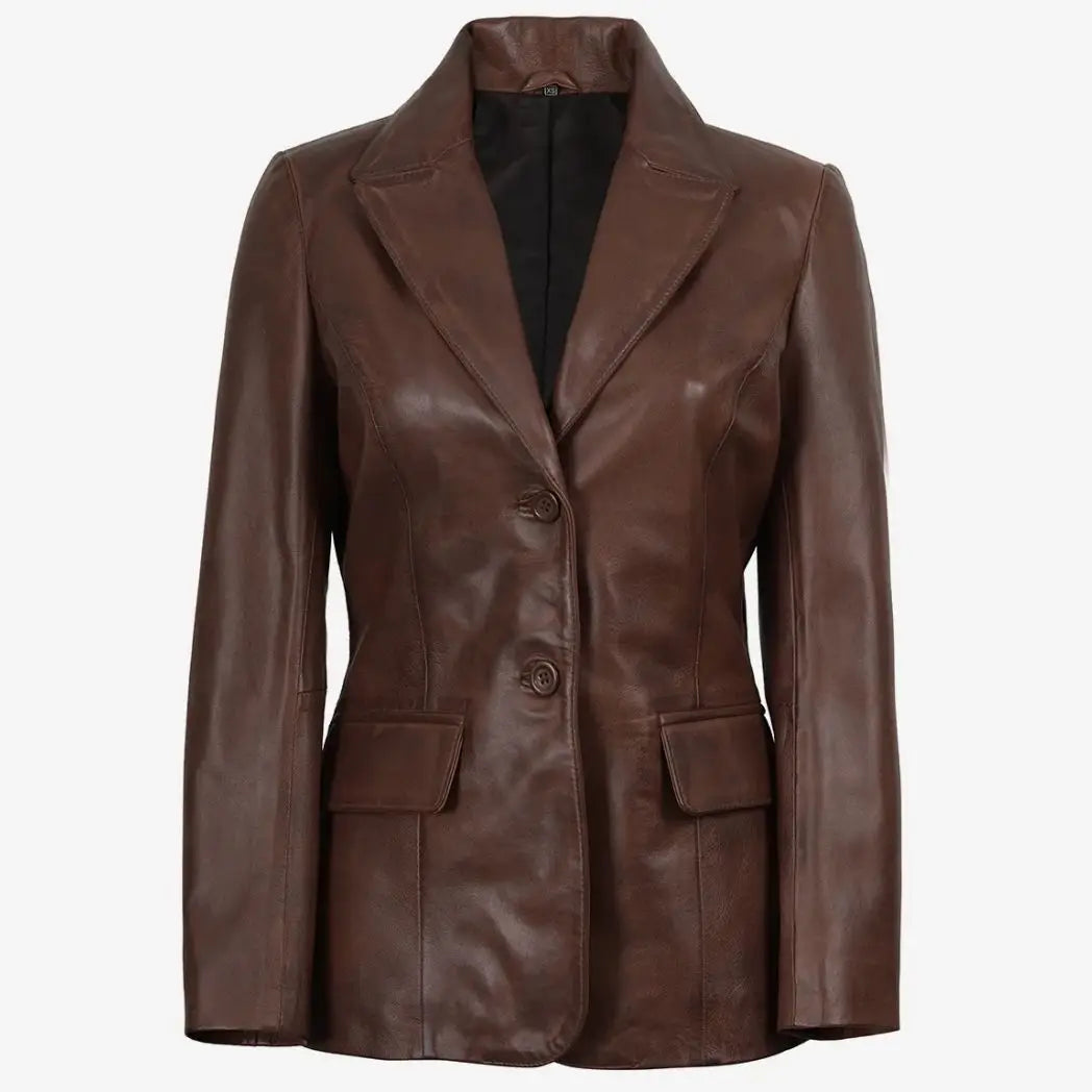 Sowachi Women's Cognac Waxed Real Lambskin Leather Blazer