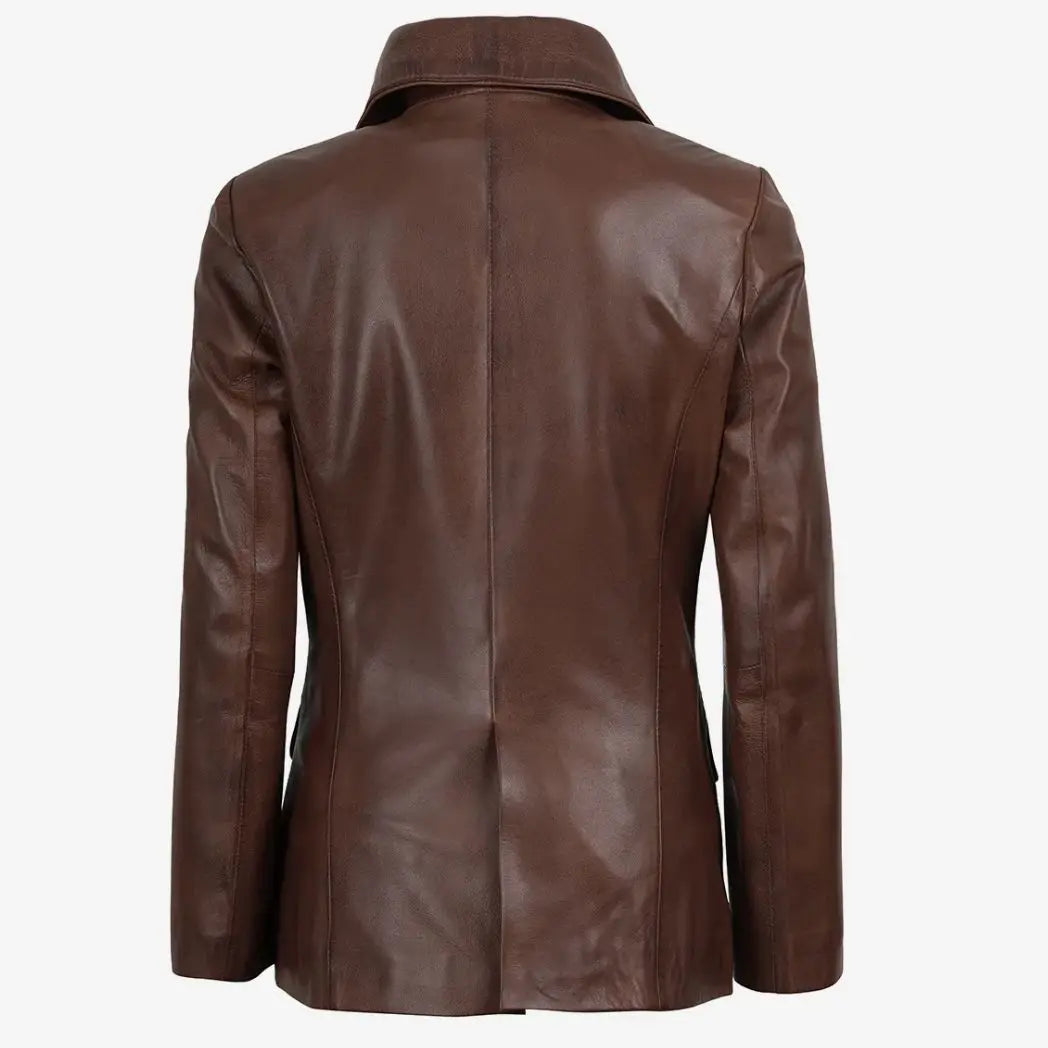 Sowachi Women's Cognac Waxed Real Lambskin Leather Blazer