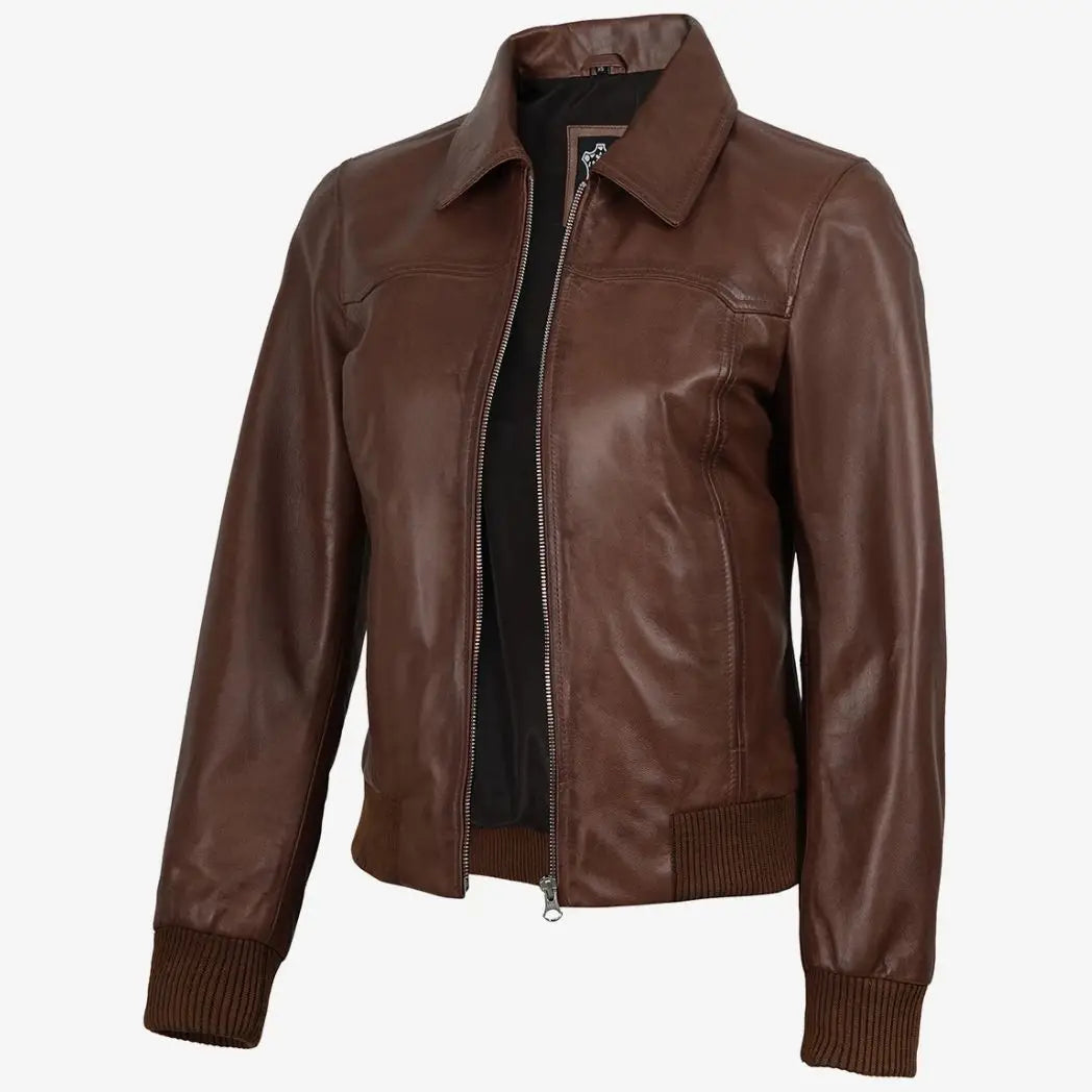 Sowachi Women's Cognac Waxed Leather Bomber Jacket with Shirt Collar