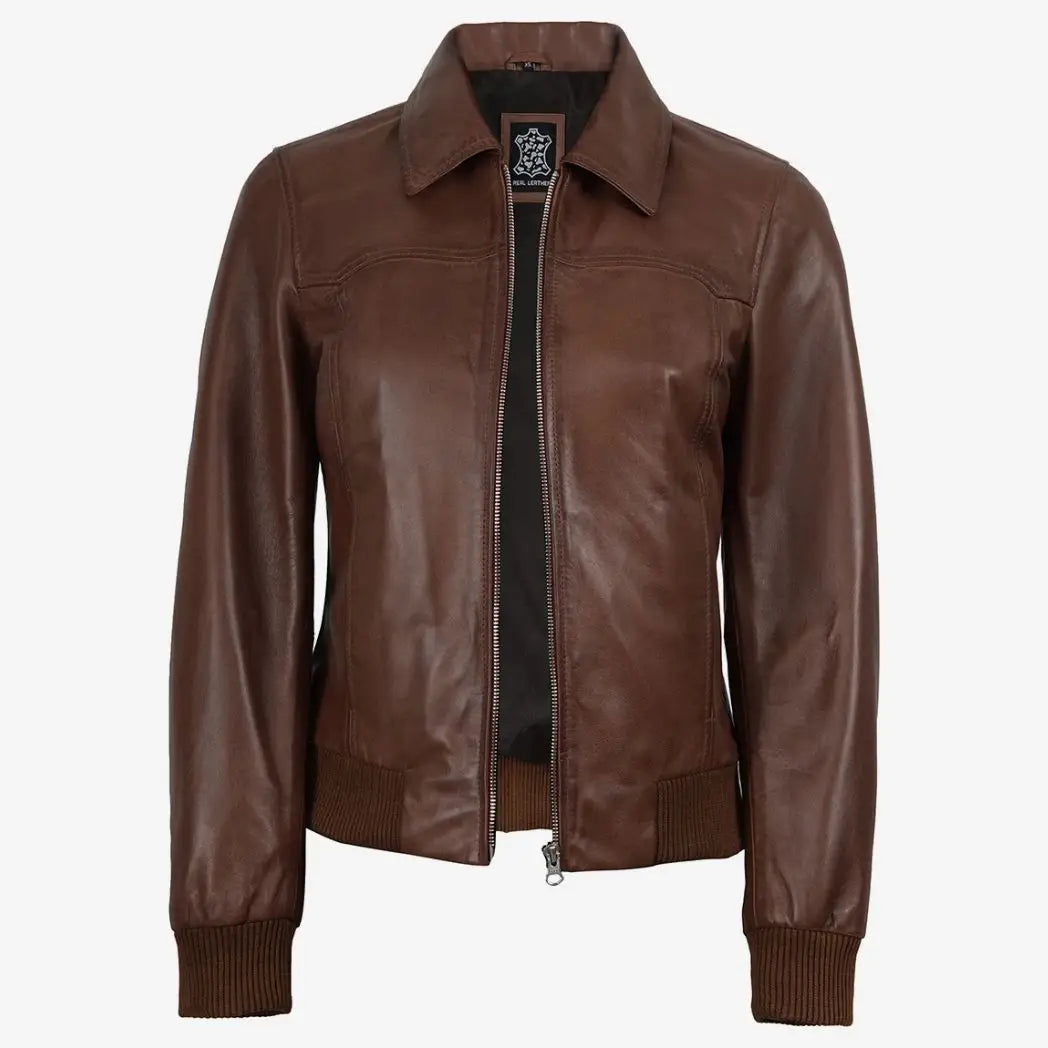 Sowachi Women's Cognac Waxed Leather Bomber Jacket with Shirt Collar