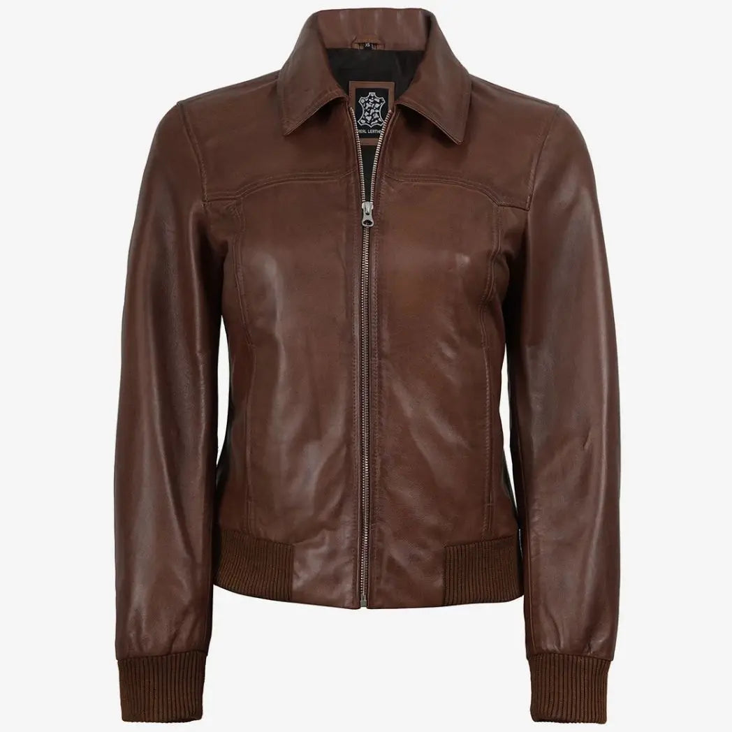 Sowachi Women's Cognac Waxed Leather Bomber Jacket with Shirt Collar