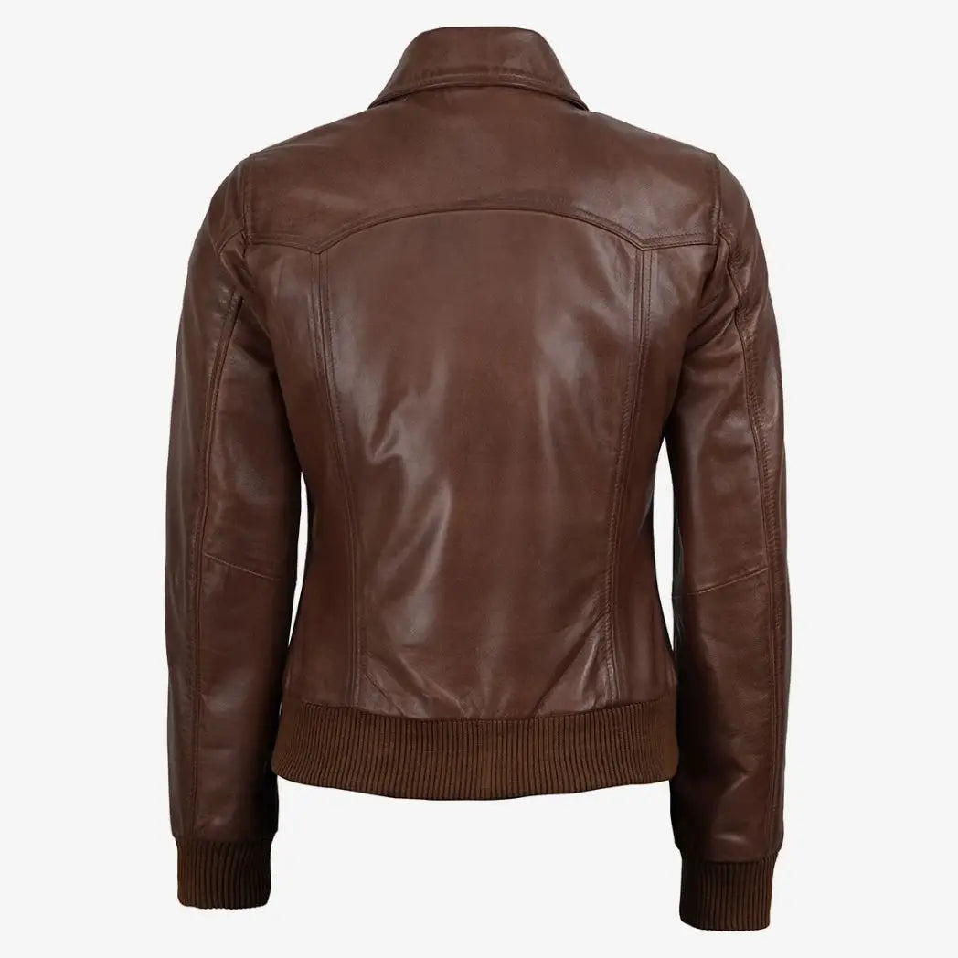 Sowachi Women's Cognac Waxed Leather Bomber Jacket with Shirt Collar