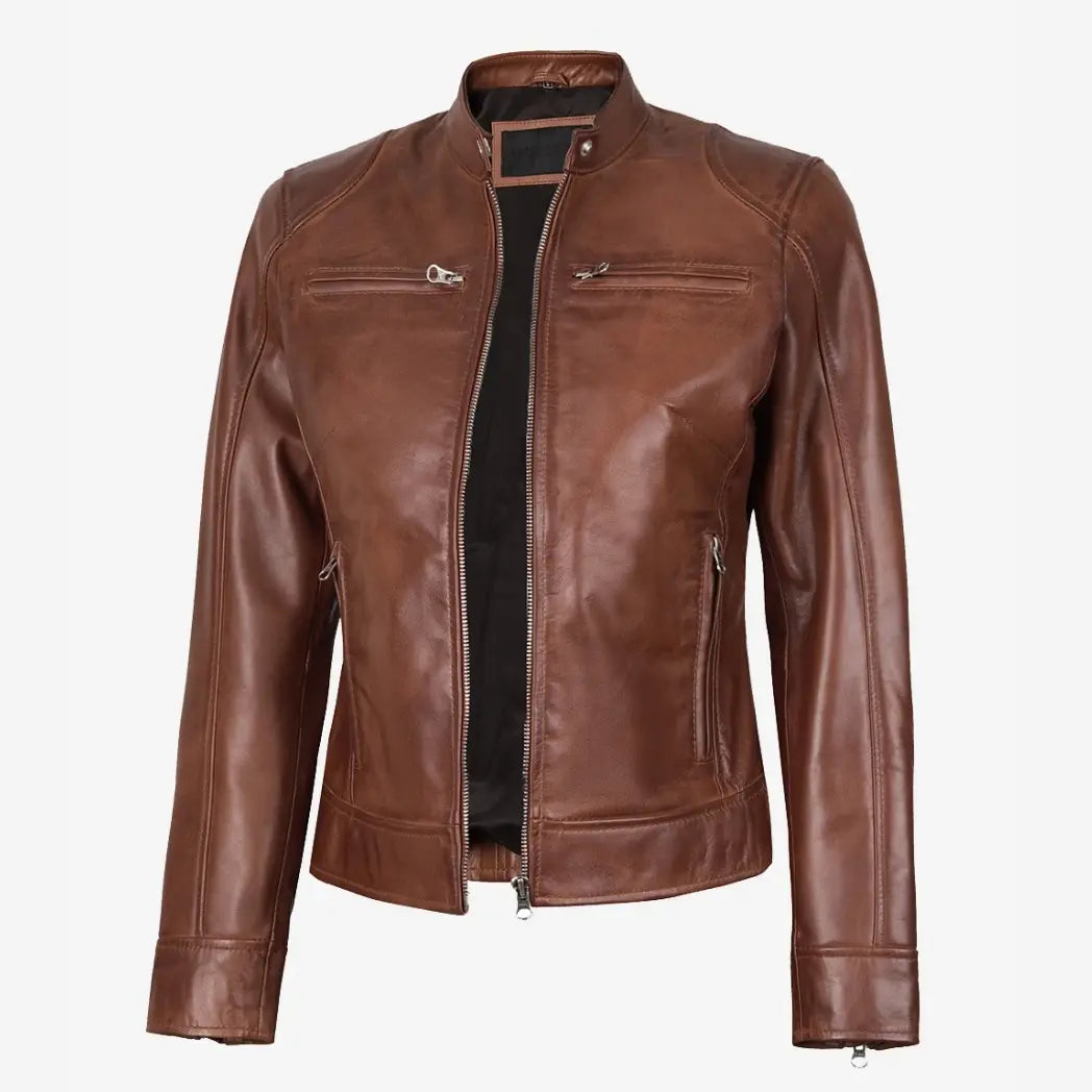 Sowachi Women's Cognac Waxed Real Leather Biker Style Jacket