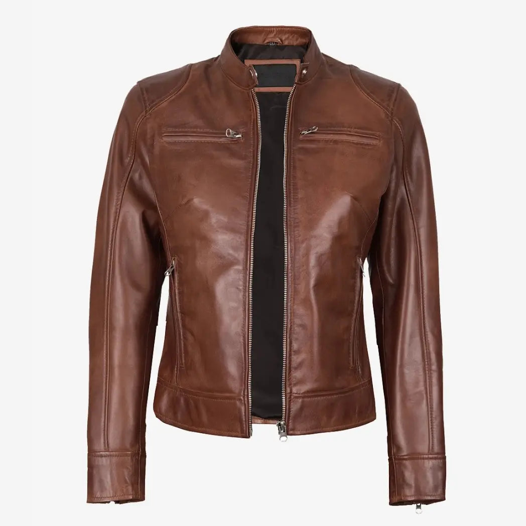 Sowachi Women's Cognac Waxed Real Leather Biker Style Jacket