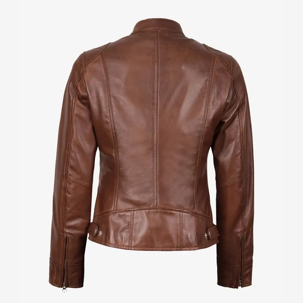 Sowachi Women's Cognac Waxed Real Leather Biker Style Jacket