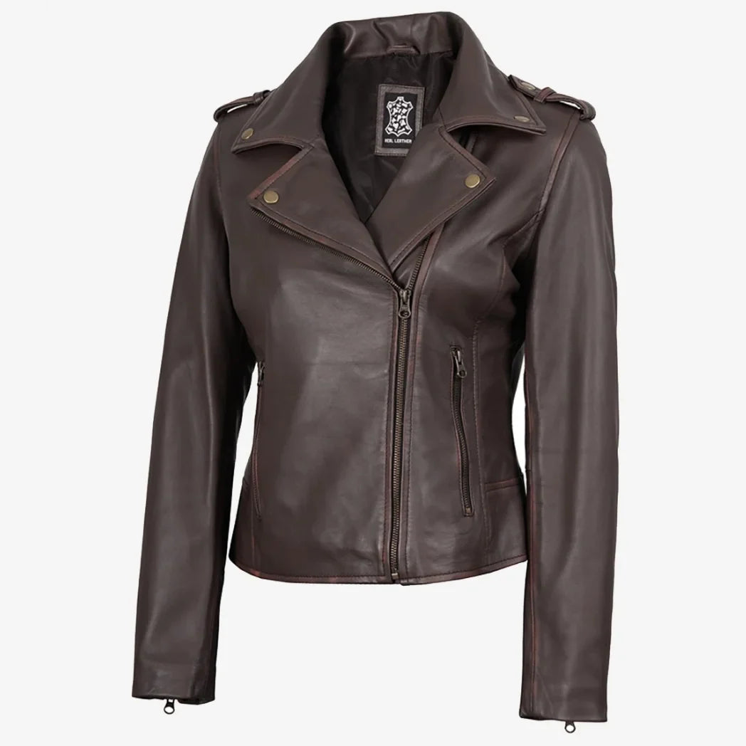 Sowachi Women's Dark Brown Asymmetrical Biker Style Leather Jacket