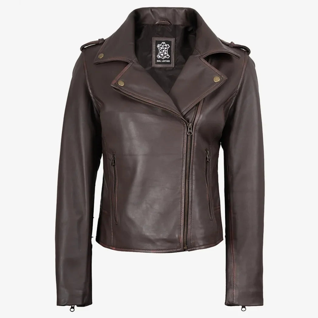 Sowachi Women's Dark Brown Asymmetrical Biker Style Leather Jacket