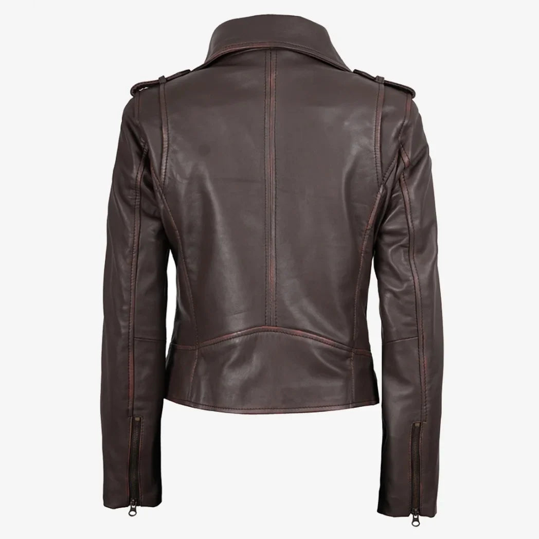 Sowachi Women's Dark Brown Asymmetrical Biker Style Leather Jacket