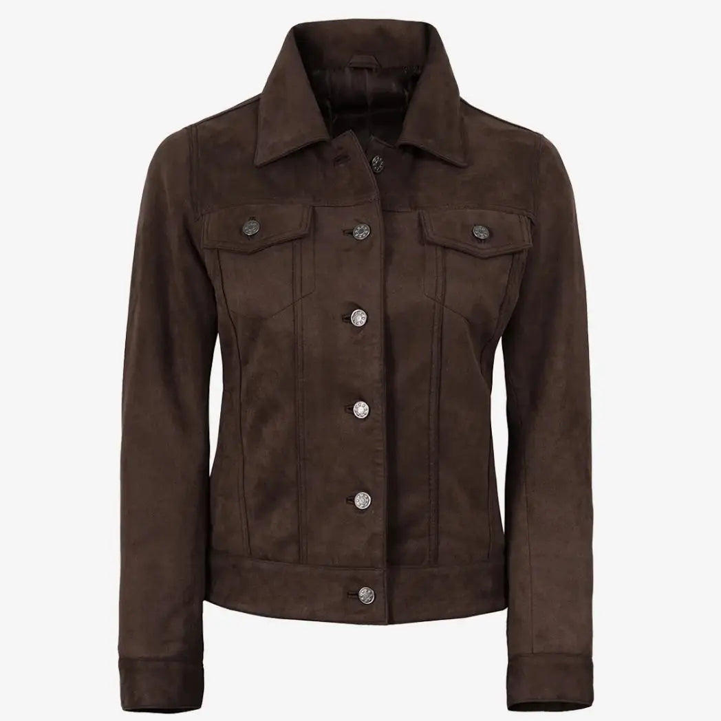 Sowachi Women's Dark Brown Faux Suede Trucker Jacket