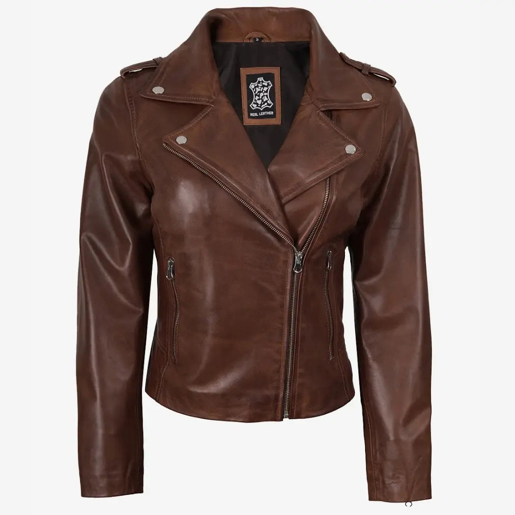 Sowachi Women's Distressed Asymmetrical Cognac Biker Style Leather Jacket